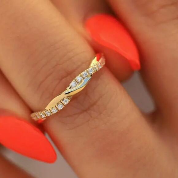 Boutique Jewelry - Twisted Golden Cubic Zirconia Delicate Fashion Stackable Twist Band Ring Size 9